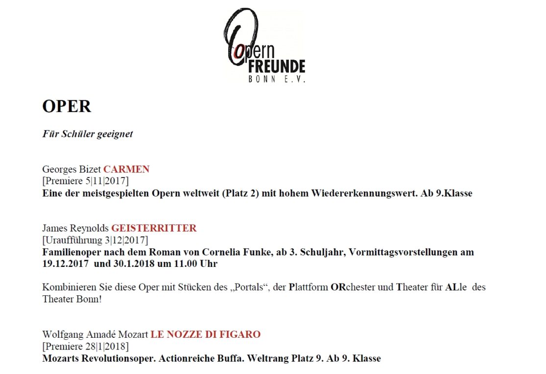 Schüler in die Oper: Empfehlungen für die Spielzeit 2017/2018