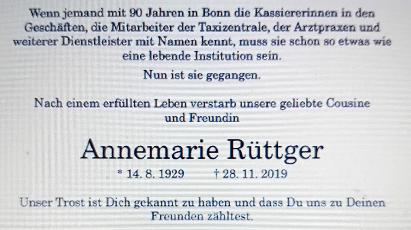 Nachruf: Mitglied Annemarie Rüttger